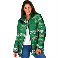 Green Hawaii Palm Tree Hibiscus Padded Jacket Fantasy Summer Vibe