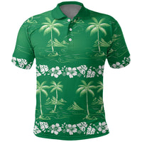 Green Hawaii Palm Tree Hibiscus Polo Shirt Fantasy Summer Vibe