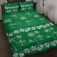 Green Hawaii Palm Tree Hibiscus Quilt Bed Set Fantasy Summer Vibe