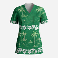 Green Hawaii Palm Tree Hibiscus Scrub Top Fantasy Summer Vibe