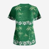 Green Hawaii Palm Tree Hibiscus Scrub Top Fantasy Summer Vibe
