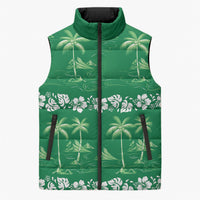 Green Hawaii Palm Tree Hibiscus Sleeveless Puffer Jacket Fantasy Summer Vibe