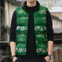 Green Hawaii Palm Tree Hibiscus Sleeveless Puffer Jacket Fantasy Summer Vibe