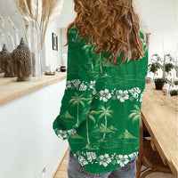 Green Hawaii Palm Tree Hibiscus Women Casual Shirt Fantasy Summer Vibe