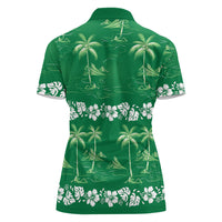 Green Hawaii Palm Tree Hibiscus Women Polo Shirt Fantasy Summer Vibe