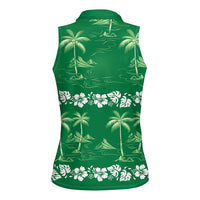 Green Hawaii Palm Tree Hibiscus Women Sleeveless Polo Shirt Fantasy Summer Vibe