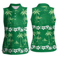 Green Hawaii Palm Tree Hibiscus Women Sleeveless Polo Shirt Fantasy Summer Vibe