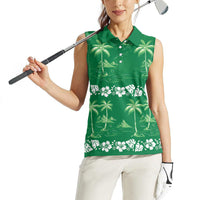 Green Hawaii Palm Tree Hibiscus Women Sleeveless Polo Shirt Fantasy Summer Vibe
