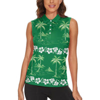 Green Hawaii Palm Tree Hibiscus Women Sleeveless Polo Shirt Fantasy Summer Vibe
