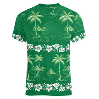 Green Hawaii Palm Tree Hibiscus Women V-Neck T-Shirt Fantasy Summer Vibe