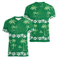 Green Hawaii Palm Tree Hibiscus Women V-Neck T-Shirt Fantasy Summer Vibe