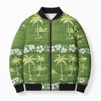 Olive Green Hawaii Palm Tree Hibiscus Bomber Puffer Jacket Fantasy Summer Vibe