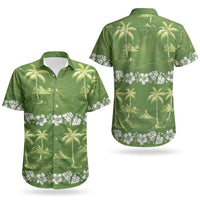 Olive Green Hawaii Palm Tree Hibiscus Couples Matching Off Shoulder Maxi Dress and Hawaiian Shirt Fantasy Summer Vibe