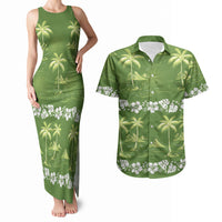 Olive Green Hawaii Palm Tree Hibiscus Couples Matching Tank Maxi Dress and Hawaiian Shirt Fantasy Summer Vibe