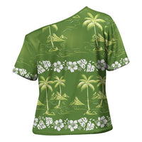 Olive Green Hawaii Palm Tree Hibiscus Cross Shoulder Shirt Fantasy Summer Vibe