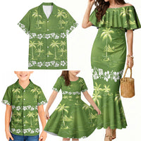 Olive Green Hawaii Palm Tree Hibiscus Family Matching Mermaid Dress and Hawaiian Shirt Fantasy Summer Vibe