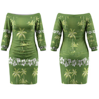 Olive Green Hawaii Palm Tree Hibiscus Family Matching Off The Shoulder Long Sleeve Dress and Hawaiian Shirt Fantasy Summer Vibe