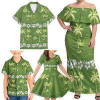 Olive Green Hawaii Palm Tree Hibiscus Family Matching Off Shoulder Maxi Dress and Hawaiian Shirt Fantasy Summer Vibe