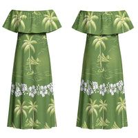 Olive Green Hawaii Palm Tree Hibiscus Family Matching Off Shoulder Maxi Dress and Hawaiian Shirt Fantasy Summer Vibe