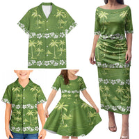 Olive Green Hawaii Palm Tree Hibiscus Family Matching Puletasi and Hawaiian Shirt Fantasy Summer Vibe
