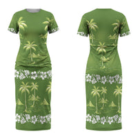 Olive Green Hawaii Palm Tree Hibiscus Family Matching Short Sleeve Bodycon Dress and Hawaiian Shirt Fantasy Summer Vibe