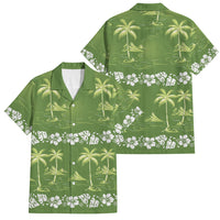 Olive Green Hawaii Palm Tree Hibiscus Family Matching Short Sleeve Bodycon Dress and Hawaiian Shirt Fantasy Summer Vibe