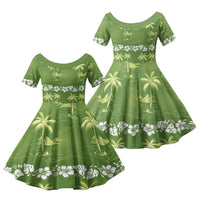 Olive Green Hawaii Palm Tree Hibiscus Family Matching Short Sleeve Bodycon Dress and Hawaiian Shirt Fantasy Summer Vibe