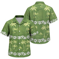 Olive Green Hawaii Palm Tree Hibiscus Family Matching Short Sleeve Bodycon Dress and Hawaiian Shirt Fantasy Summer Vibe