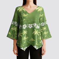Olive Green Hawaii Palm Tree Hibiscus Kimono Sleeve Blouse Fantasy Summer Vibe
