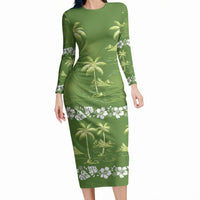 Olive Green Hawaii Palm Tree Hibiscus Long Sleeve Bodycon Dress Fantasy Summer Vibe