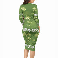 Olive Green Hawaii Palm Tree Hibiscus Long Sleeve Bodycon Dress Fantasy Summer Vibe
