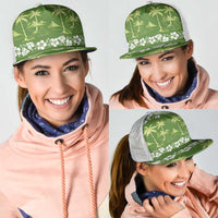 Olive Green Hawaii Palm Tree Hibiscus Mesh Trucker Cap Fantasy Summer Vibe