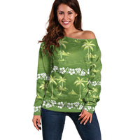 Olive Green Hawaii Palm Tree Hibiscus Off Shoulder Sweater Fantasy Summer Vibe