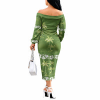 Olive Green Hawaii Palm Tree Hibiscus Off The Shoulder Long Sleeve Dress Fantasy Summer Vibe