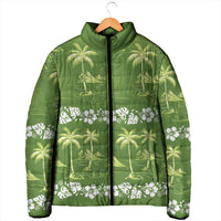 Olive Green Hawaii Palm Tree Hibiscus Padded Jacket Fantasy Summer Vibe