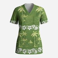 Olive Green Hawaii Palm Tree Hibiscus Scrub Top Fantasy Summer Vibe