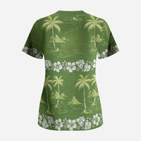 Olive Green Hawaii Palm Tree Hibiscus Scrub Top Fantasy Summer Vibe