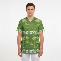 Olive Green Hawaii Palm Tree Hibiscus Scrub Top Fantasy Summer Vibe