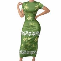 Olive Green Hawaii Palm Tree Hibiscus Short Sleeve Bodycon Dress Fantasy Summer Vibe