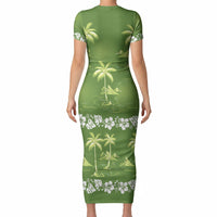 Olive Green Hawaii Palm Tree Hibiscus Short Sleeve Bodycon Dress Fantasy Summer Vibe