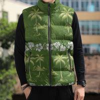 Olive Green Hawaii Palm Tree Hibiscus Sleeveless Puffer Jacket Fantasy Summer Vibe