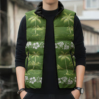Olive Green Hawaii Palm Tree Hibiscus Sleeveless Puffer Jacket Fantasy Summer Vibe