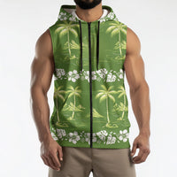 Olive Green Hawaii Palm Tree Hibiscus Sleeveless Zip Hoodie Fantasy Summer Vibe