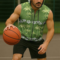 Olive Green Hawaii Palm Tree Hibiscus Sleeveless Zip Hoodie Fantasy Summer Vibe
