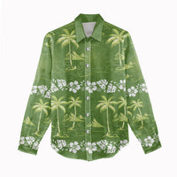 Olive Green Hawaii Palm Tree Hibiscus Women Casual Shirt Fantasy Summer Vibe