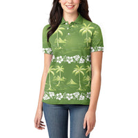 Olive Green Hawaii Palm Tree Hibiscus Women Polo Shirt Fantasy Summer Vibe