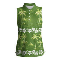 Olive Green Hawaii Palm Tree Hibiscus Women Sleeveless Polo Shirt Fantasy Summer Vibe