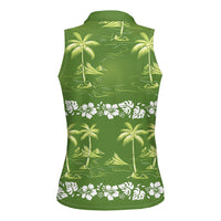 Olive Green Hawaii Palm Tree Hibiscus Women Sleeveless Polo Shirt Fantasy Summer Vibe