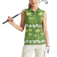 Olive Green Hawaii Palm Tree Hibiscus Women Sleeveless Polo Shirt Fantasy Summer Vibe