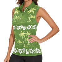 Olive Green Hawaii Palm Tree Hibiscus Women Sleeveless Polo Shirt Fantasy Summer Vibe